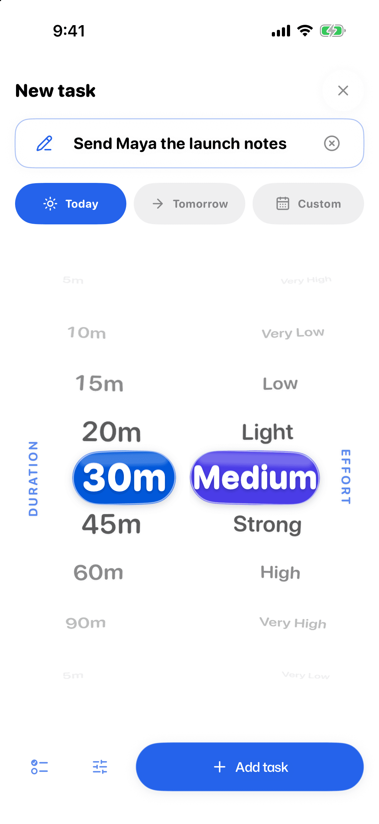 Snowball task editor with time and effort controls