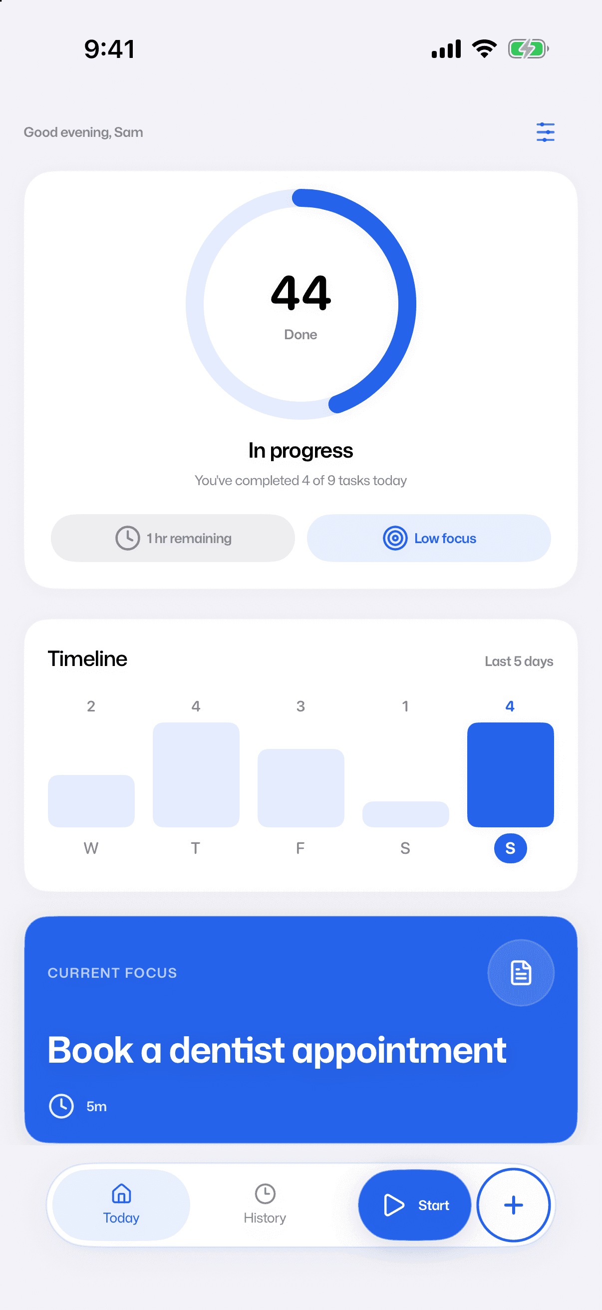 Snowball Today view with progress, recent activity, and one recommended move